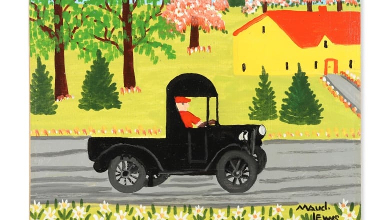 A colourful Maud Lewis painting of a truck on a road is shown.