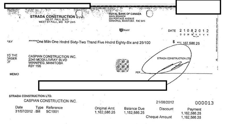 A copy of a cheque written from Strada Construction to Caspian Construction for $1,162,586.25.