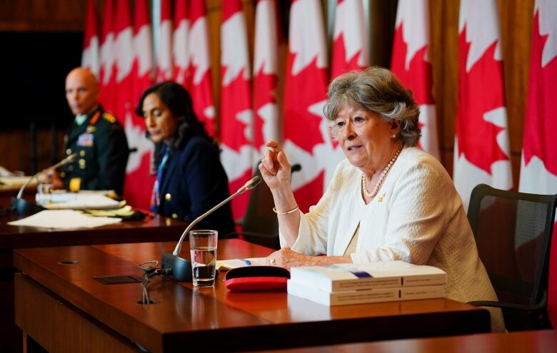 Former Supreme Court Justice Louise Arbour, and Minister of National Defence,  Anita Anand, middle, release the final report of the Independent External Comprehensive Review into Sexual Misconduct and Sexual Harassment in the Department of National Defence and the Canadian Armed Forces in Ottawa on Monday, May 30, 2022. Also in attendance is Chief of the Defence Staff, Gen. Wayne Eyre.