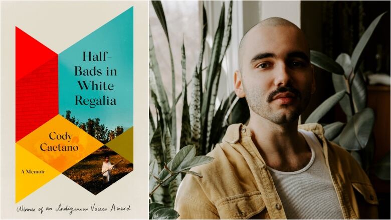 A composite photo of a book cover featuring geometric primary colours overlaying a photo of a boy in the field and the book's author, a bald young man staring straight into the camera.