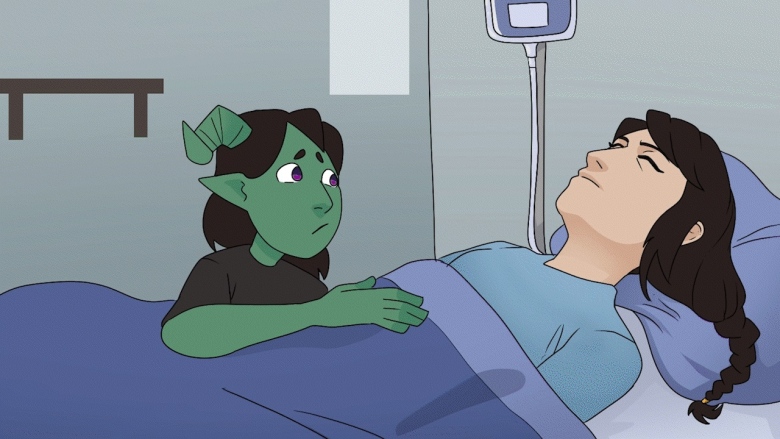 A drawing of a green-faced character sitting beside a woman in a hospital bed.