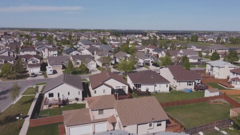 An aerial view of homes in a subdivision.