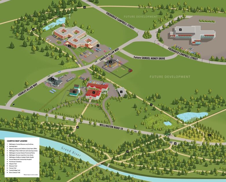 A map shows different buildings and roads that make up the Wellington Place campus in Wellington County.