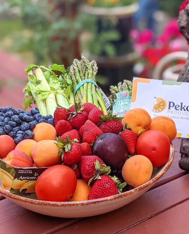 A basket of fruits and vegetables.