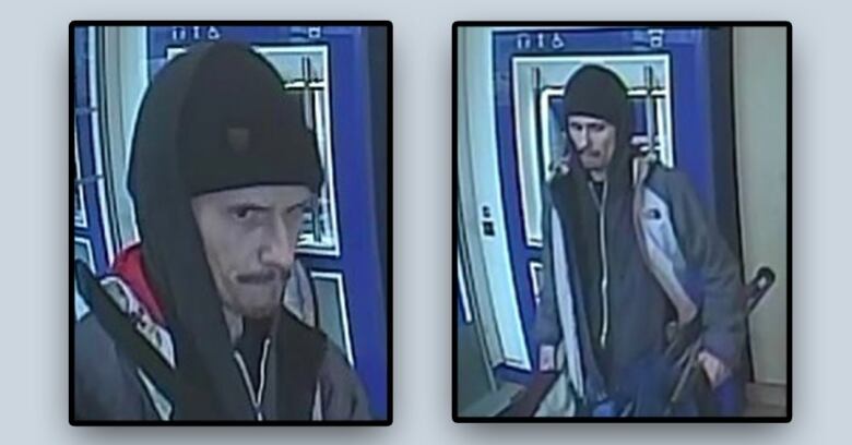 A man is seen in two different pictures in front of an ATM, with a moustache and wearing a toque.