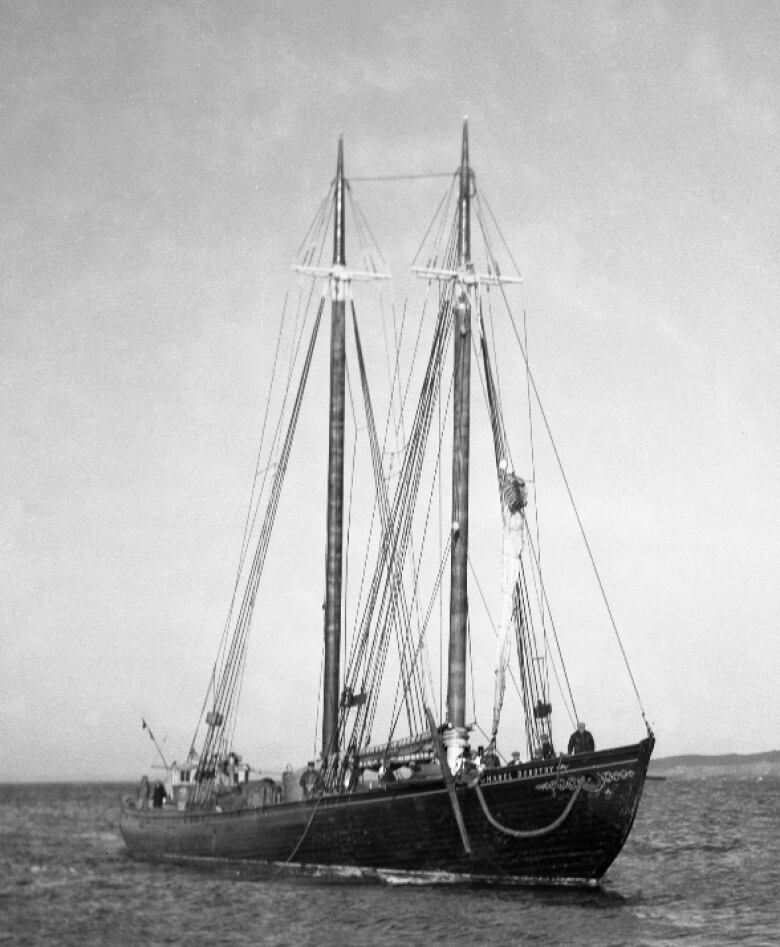 A double-masted schooner with sails furled floats on the water.