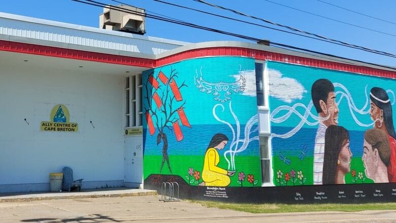 A building with a colourful mural on the wall is shown.