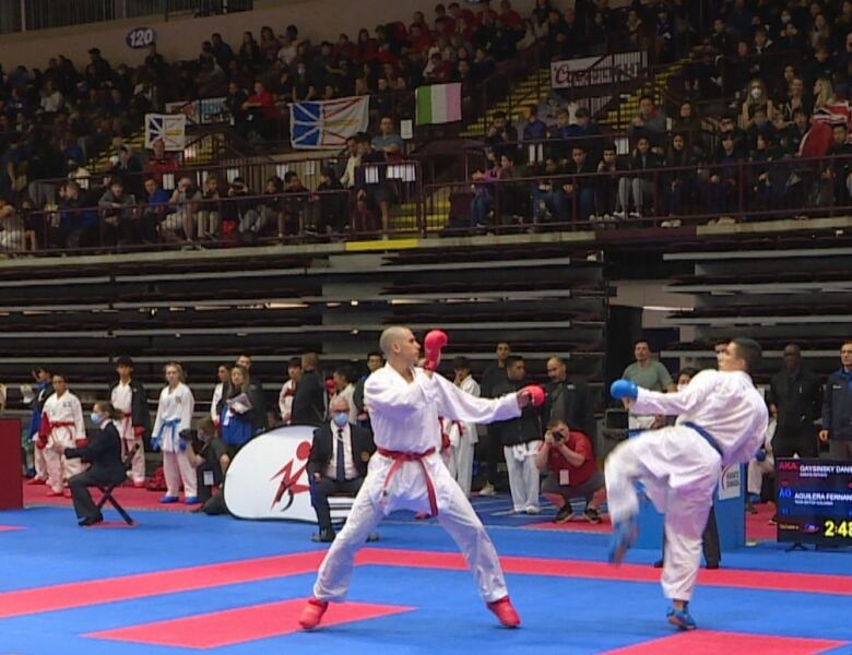 Two karate athletes compete on a mat.