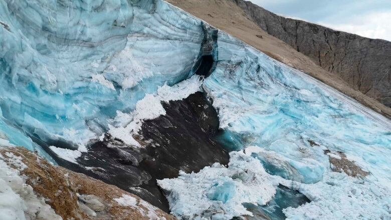 This undated image made available on Monday, July 4, 2022, by the press office of the Autonomous Province of Trento shows the glacier in the Marmolada range of Italy's Alps near Trento from which a large chunk broke loose on Sunday. 