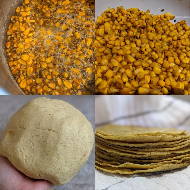 Four photos showing corn kernels cooking, then draining, then a lump of dough and finally a stack of tortillas.