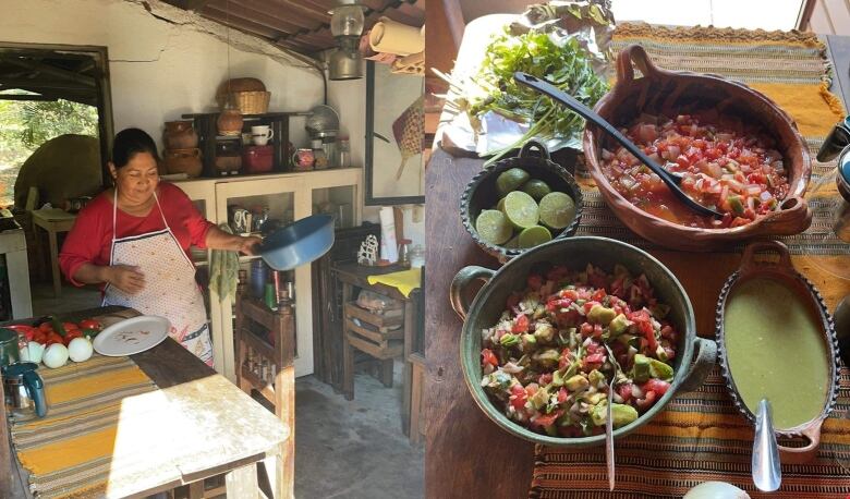 On left, an older woman wearing apron cooking in a traditional Mexican-looking kitchen. On right, dishes full of food.