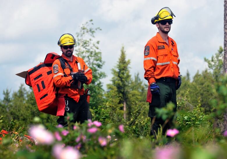 Two men wearing orange forest fighting protective gear and yellow helmets stand in a wooded forest. 