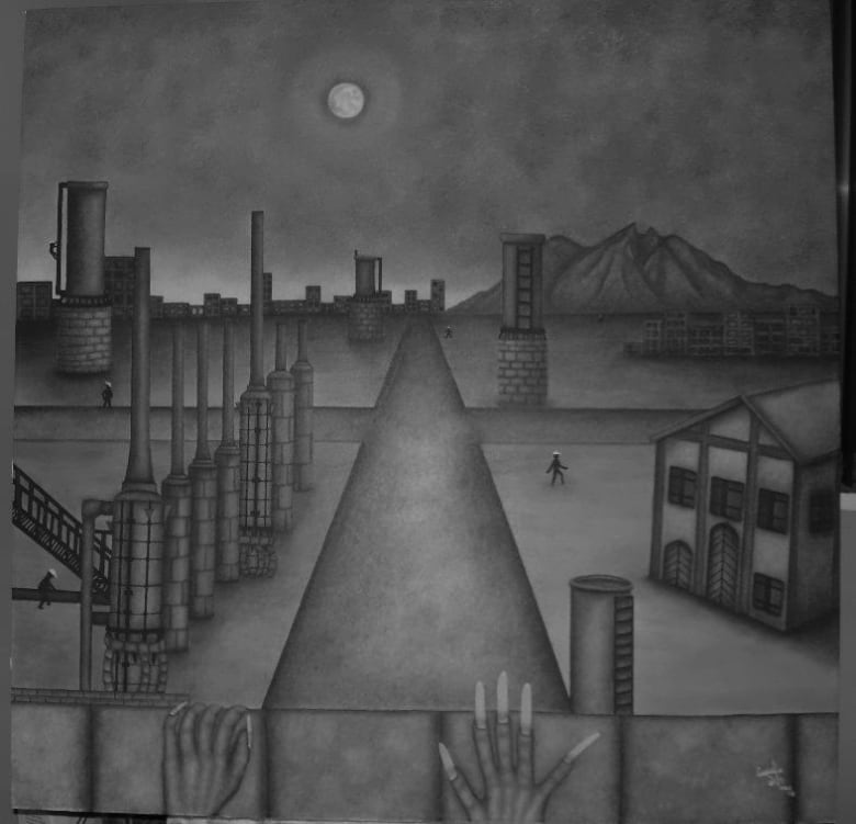 A painting of hands suggesting a person is peering over a wall at a desolate, industrial scene.