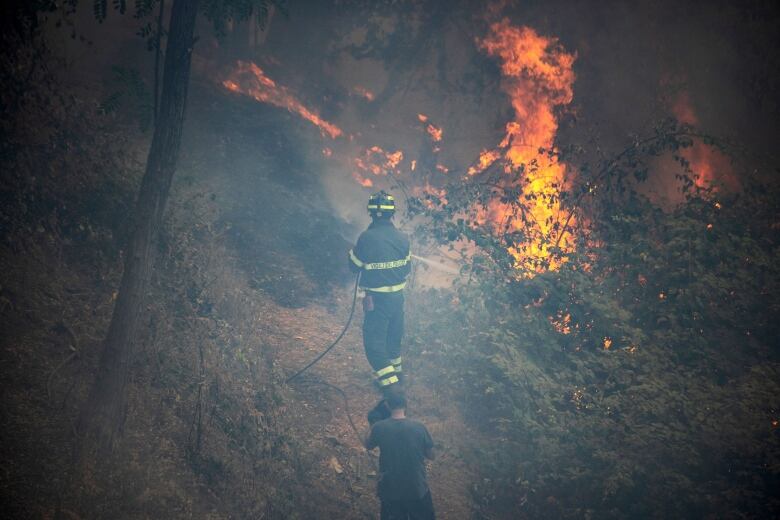 A firefighter sprays water on burning scrubland. 