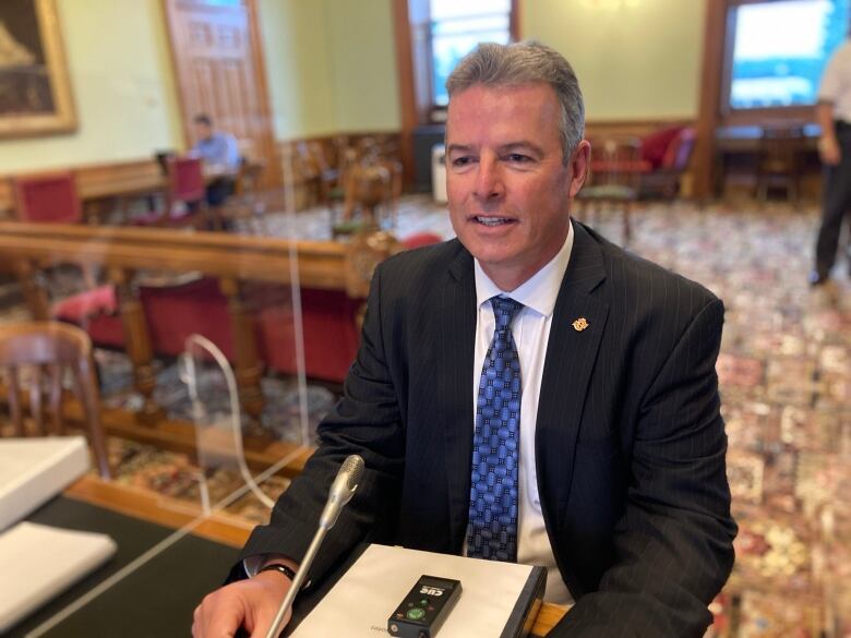 A man sits before a microphone inside the New Brunswick Legislature.