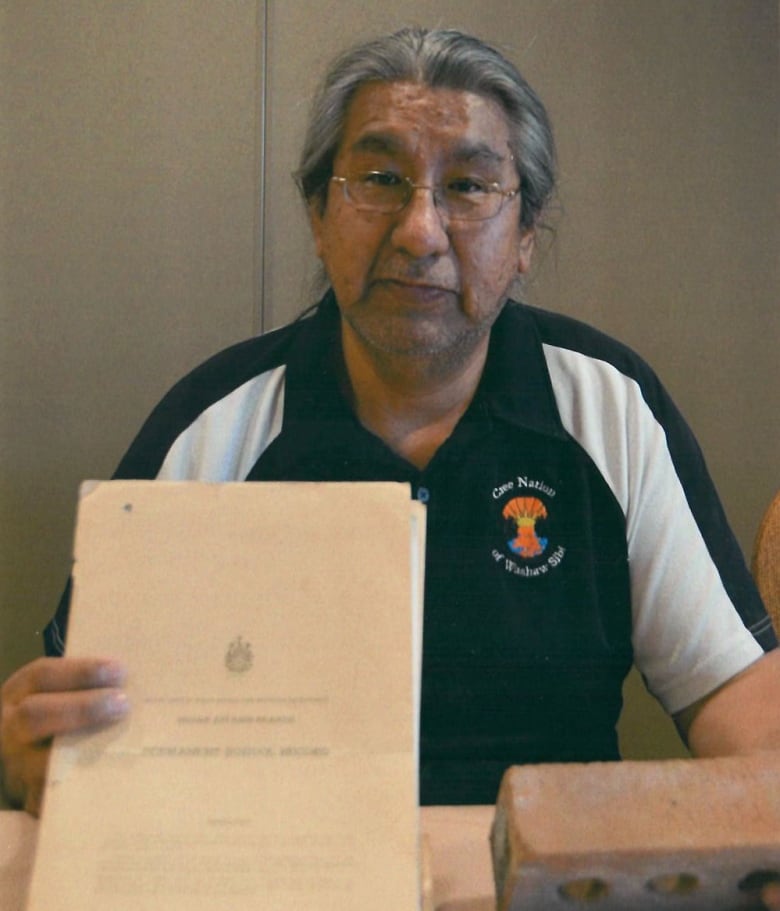 A man holds a brick and a folder.