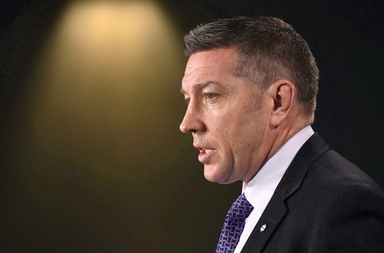 Former NHL player and child advocate Sheldon Kennedy speaks during a press conference on Parliament Hill in Ottawa, on Monday, Feb. 5, 2018. A group of Canadian sport leaders have lent their voice to the growing chorus calling for an independent body to handle cases of harassment and abuse. 