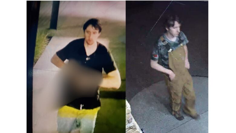 The suspect in a shooting in Langley B.C. is seen in two separate, blurry photos. Police describe Jordan Daniel Goggin as a 6-foot-1 Caucasian male with light brown hair and a slight goatee. In the left photo he's wearing a black t-shirt and yellow board shorts. In the right photo he's wearing brown overalls and a grey camo shirt.