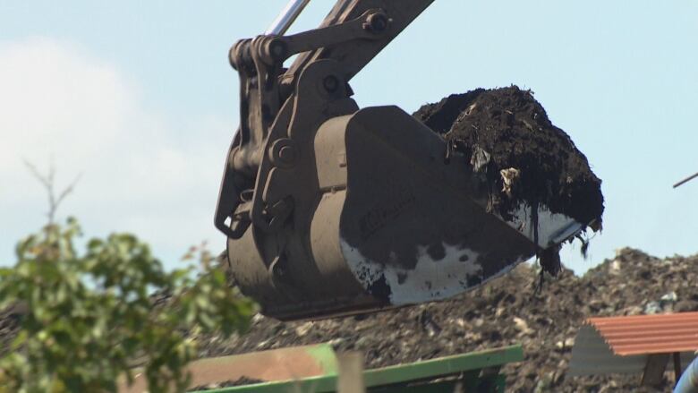 A machine picks up a load of compost.