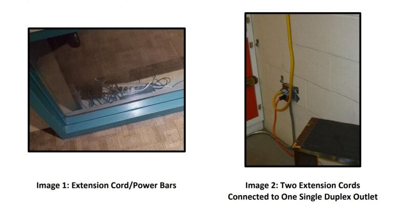 Two photos that show a power bar with its outlets filled with plugs and a wall outlet showing extension cords taped into it. 