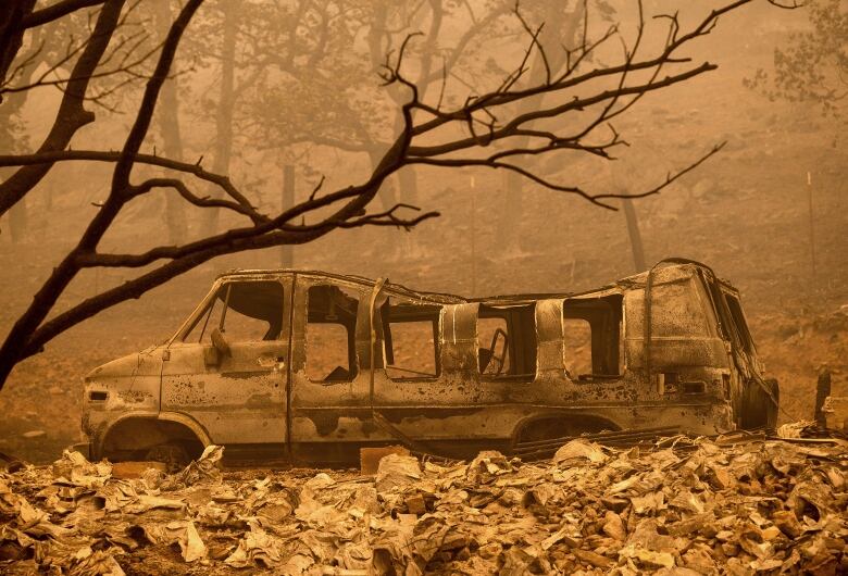 A scorched van.