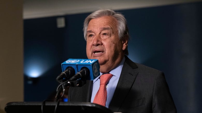 A man with grey hair, a dark suit and a red tie stands at podium with the United Nations logo.