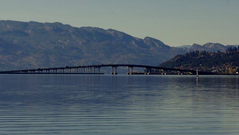 A bridge, meant for vehicles, is seen far off in the distance of a lake.