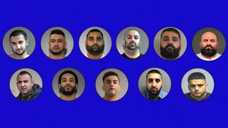 Composite image of all 11 mugshots included in the public safety warning issued by the Combined Forces Special Enforcement Unit of B.C. on Aug. 3, 2022, warning the public to avoid these 11 men.