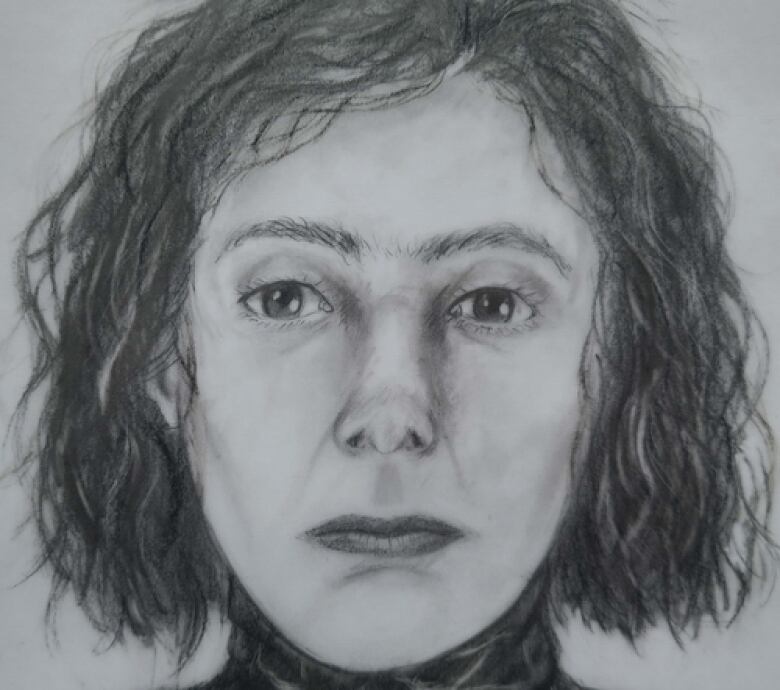 A police sketch of a woman with medium-length hair and wearing what appears to be a turtleneck.