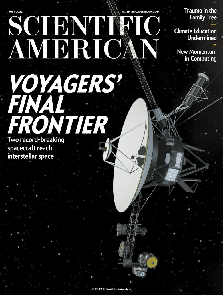 The cover of 'Scientific American', whose lead story is 'Voyagers' Final Frontier'. It features an image of a satellite.