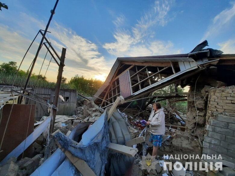 A woman stands in a pile of rubble. The roof of a house lies at an angle above her.