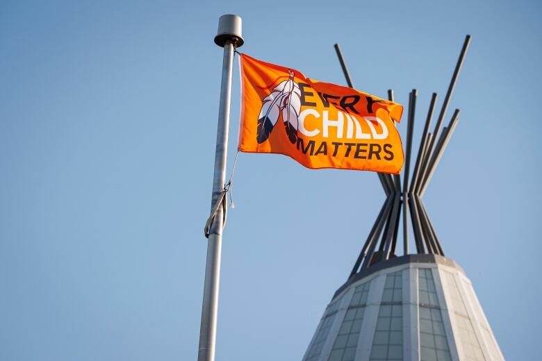 An orange flag with a tipi in the background.