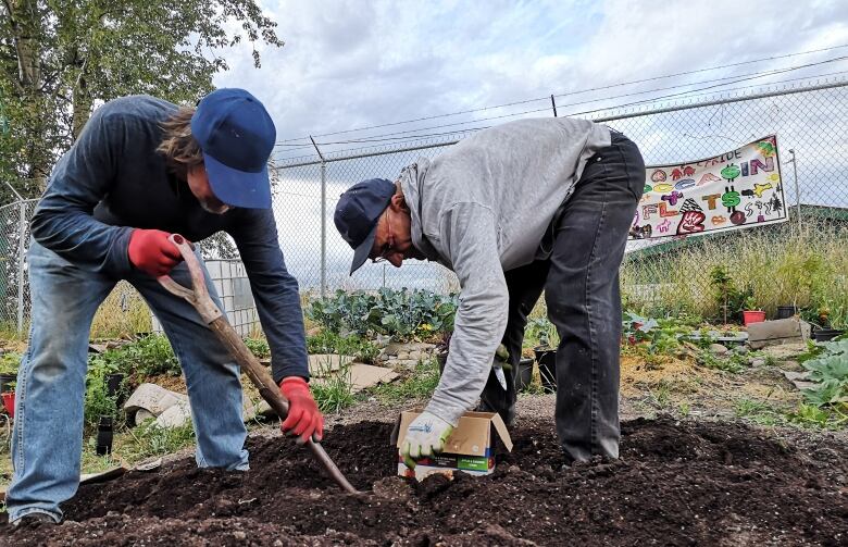 Two people bend down as they dig and tend to a community garden.