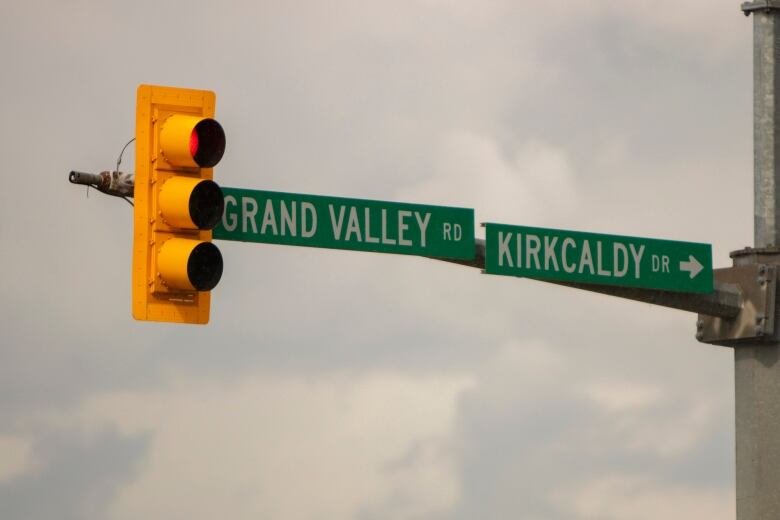 A signal light has a red stop light with two street signs beside it.