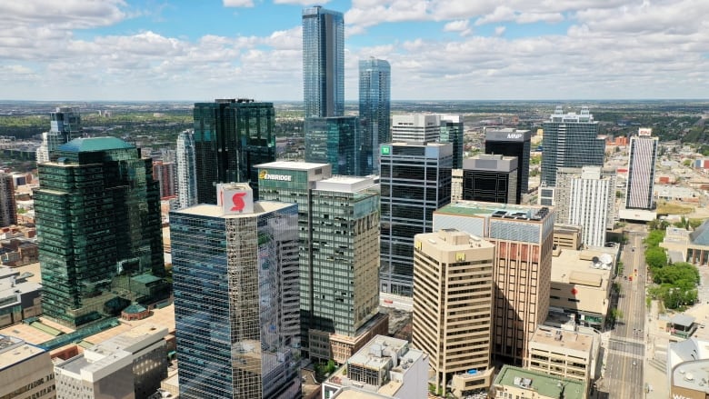 Aerials of downtown office towers.