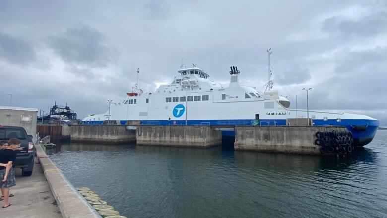 A large boat is docked at a pier. 