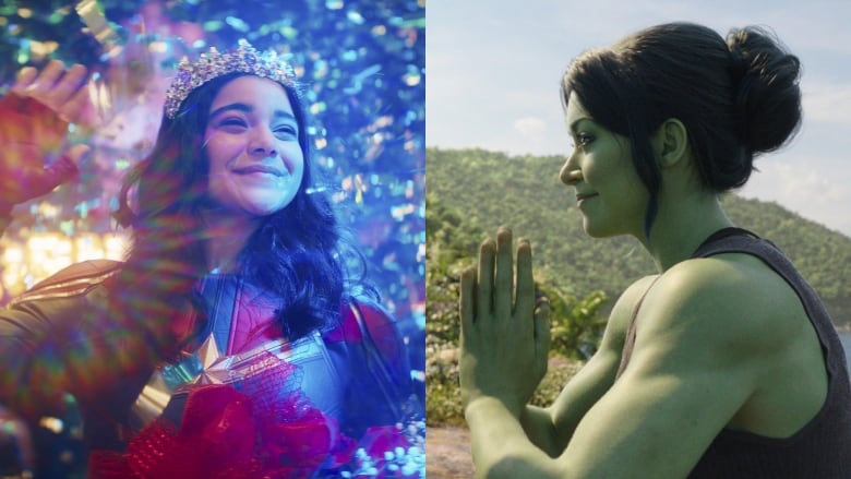 A combination image is shown. On the left, a teenage girl stands under falling confetti waving toward the camera, wearing a tiara and a leather superhero costume waves.  On the right a muscular woman with green skin holds her hands in a prayer pose as she smiles. 