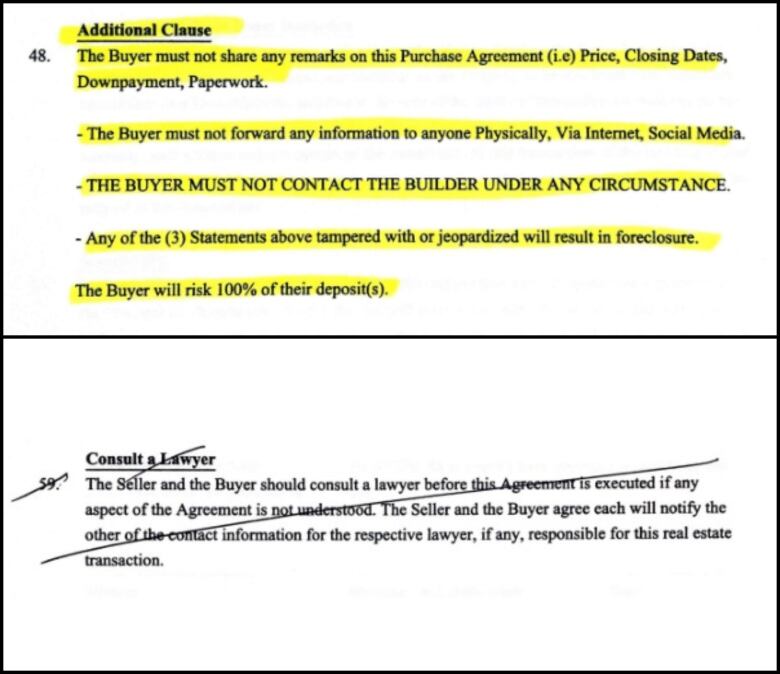 Two typewritten clauses in a sales agreement. The first is highlighted, the second is crossed out in pen. 