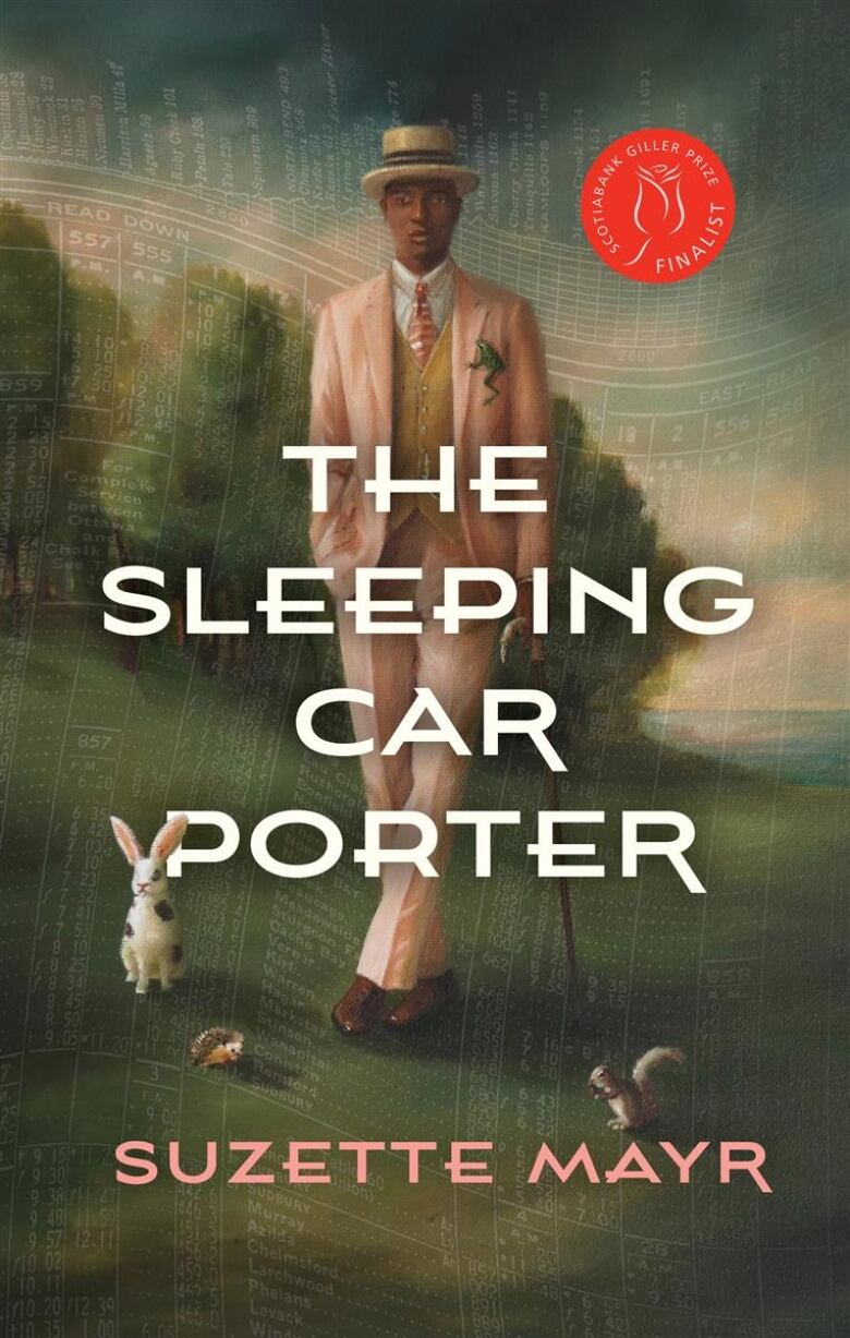 The book cover features an illustration of a black man in a pink and mustard full suit with a beige brimmed hat. He stands in a field lines with trees in the background and he stands beside a small white bunny and a grey squirrel at his feet. 