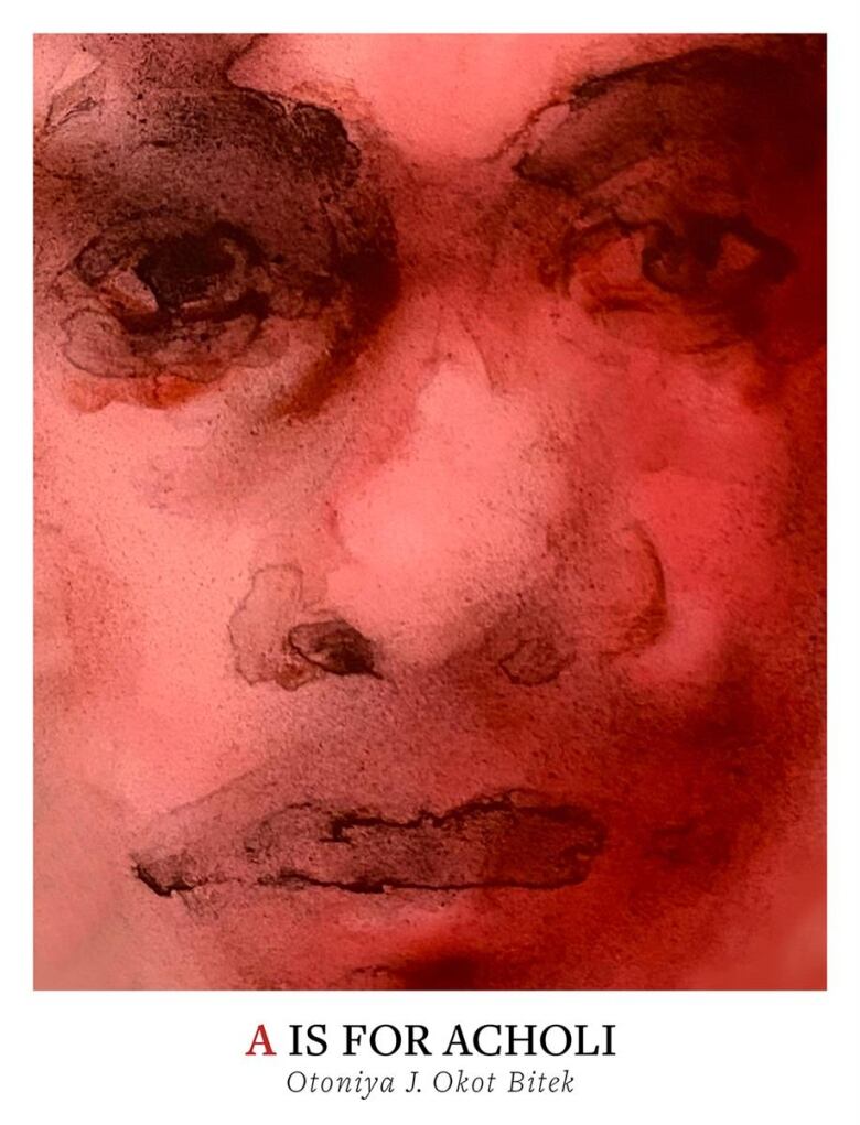 The cover of Otoniya J. Okot Bitek's poetry book A is for Acholi, featuring a red-and-black painted close-up of a woman's face.