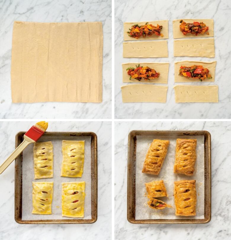 overhead of four images depicting the steps for baking puff pastry handpies, all on baking sheets on top of a marble surface. 