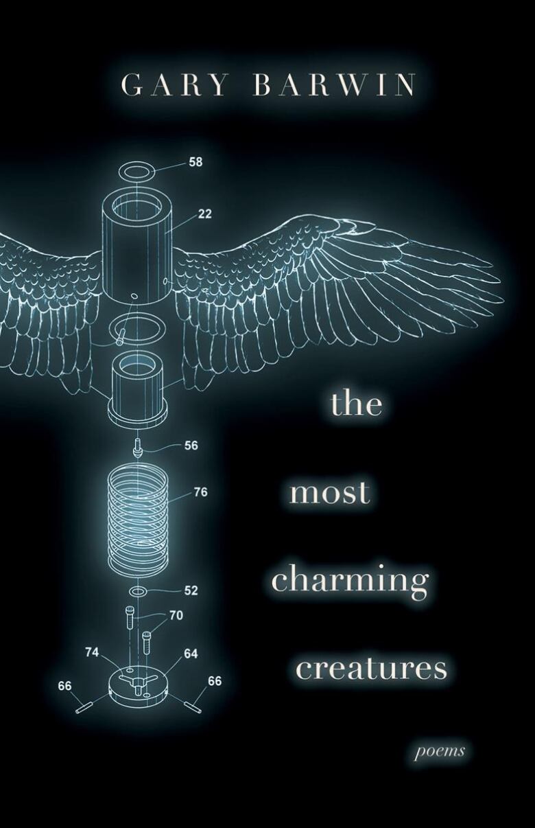 The cover of Gary Barwin's poetry book The Most Charming Creatures, featuring a blue illustration of a machine with wings, set against a black background.