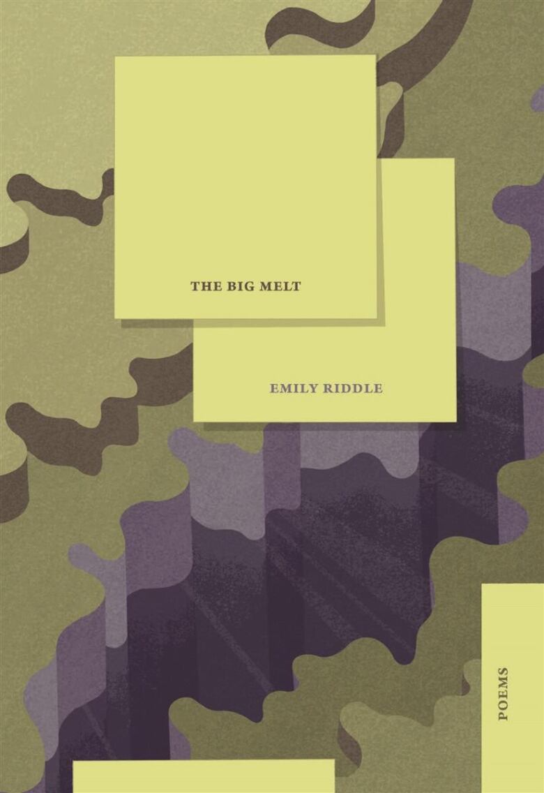 The cover of Emily Riddle's poetry book The Big Melt, which features yellow square graphics over a wavy blue-and-yellow background.