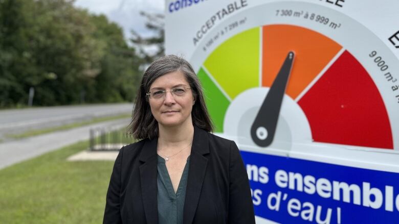 A woman stands beside a sign showing water consumption