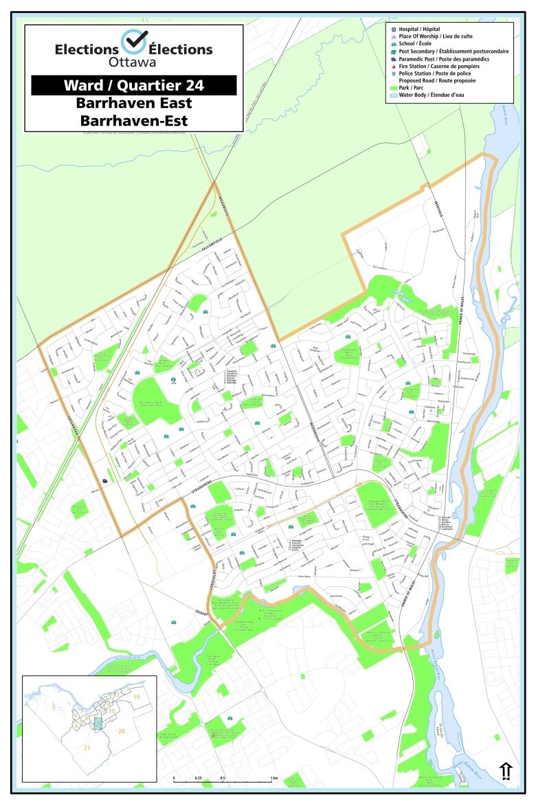 A map shows the boundaries for Ward 24 Barrhaven East.