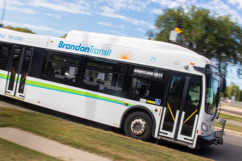 A bus drives down a busy street.