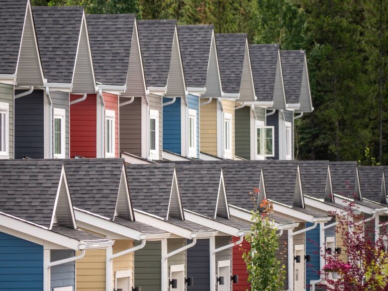 Jaunty row of neat, multicolour townhomes.