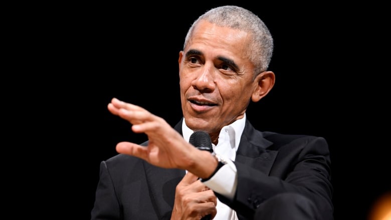 Former President Barack Obama speaks during the Copenhagen Democracy Summit at Skuespilhuset in Copenhagen