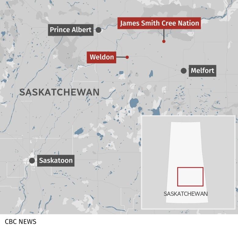 A map showing locations of James Smith Cree Nation and Weldon relative to other cities in Sask.