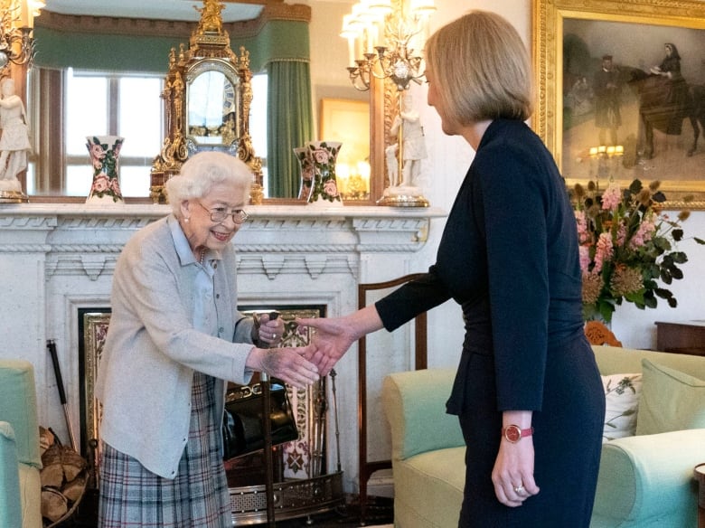 Two people shake hands in an elaborately furnished living room.